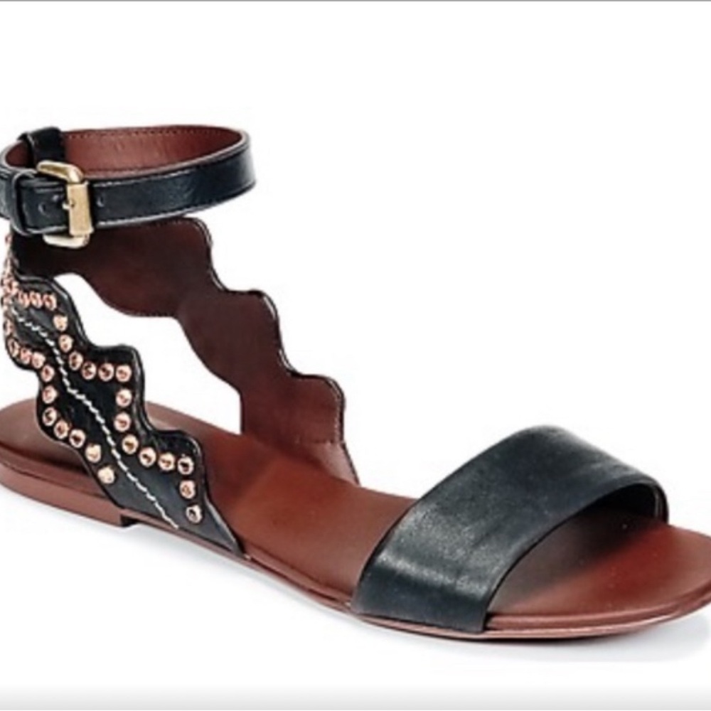 See By Chloe Leather Studded Embellished Open Toe Flats Sandals Shoes Black 7